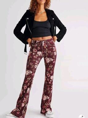 Free People Driftwood Corduroy bootcut Pants Jeans Floral Burgundy pink retro